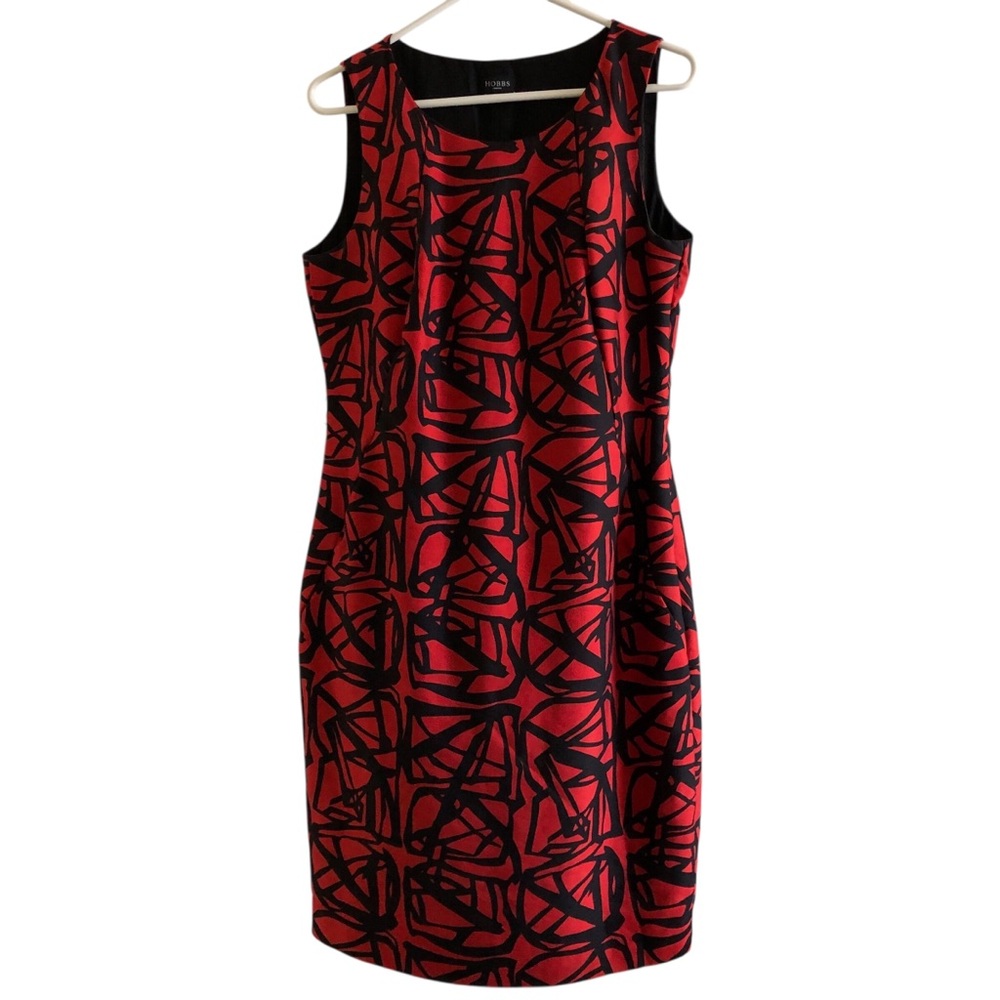 Hobbs London Red and Black Sleeveless Sheath Dress Scoop Neck Midi